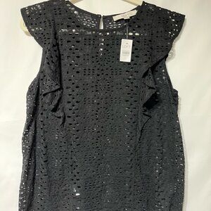 LOFT Dark Gray Eyelet Ruffle Top‎